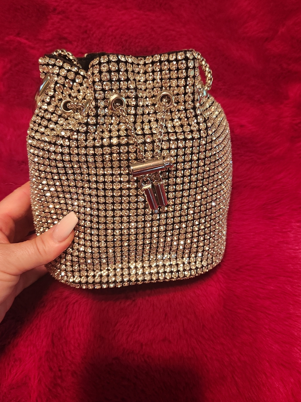 Crystal Embellished Drawstring Bucket Bag - Silver